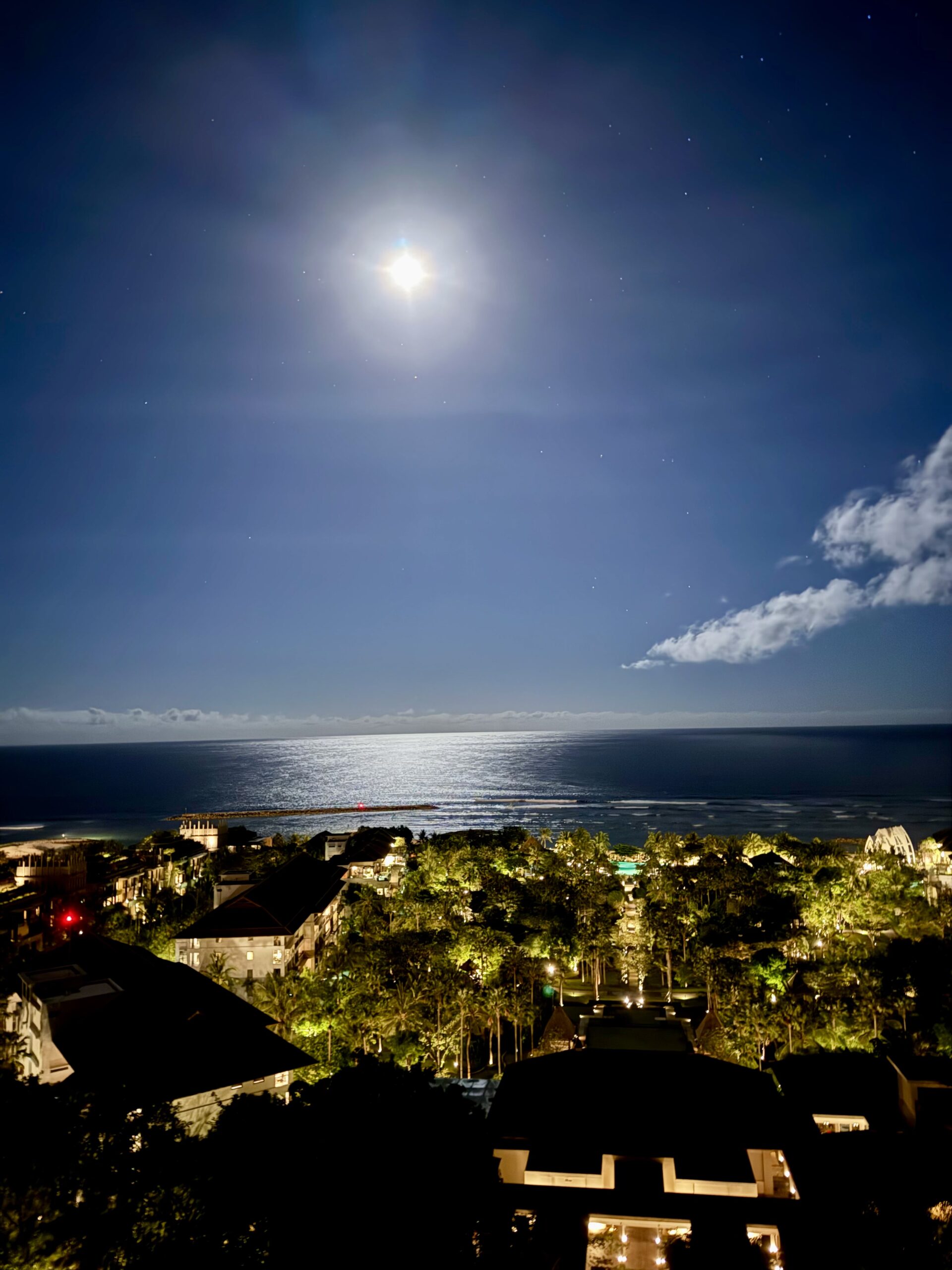 高台から望むリゾートの夜景と満月