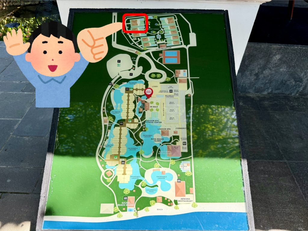 敷地内マップ。赤枠の場所が今回宿泊したヴィラ